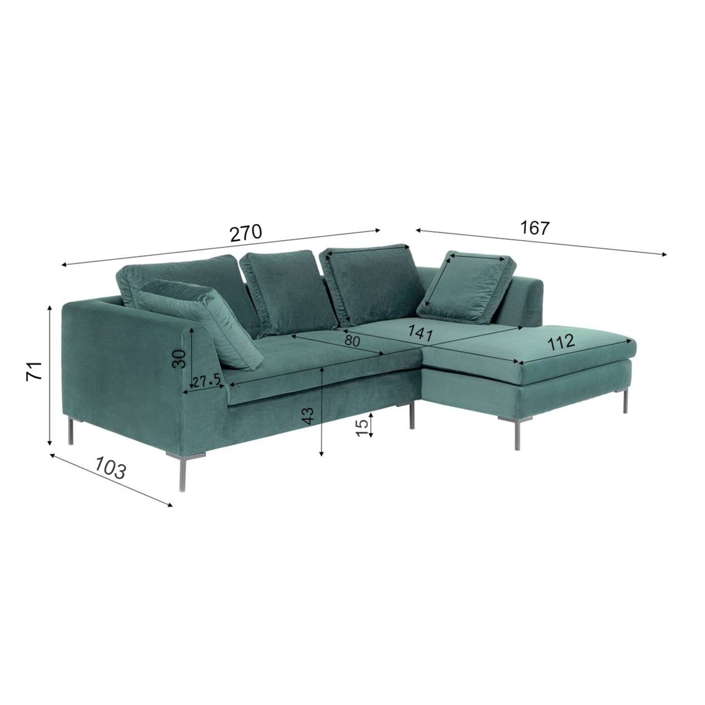 Диван угловой правосторонний Gianni Small Velvet Green Right